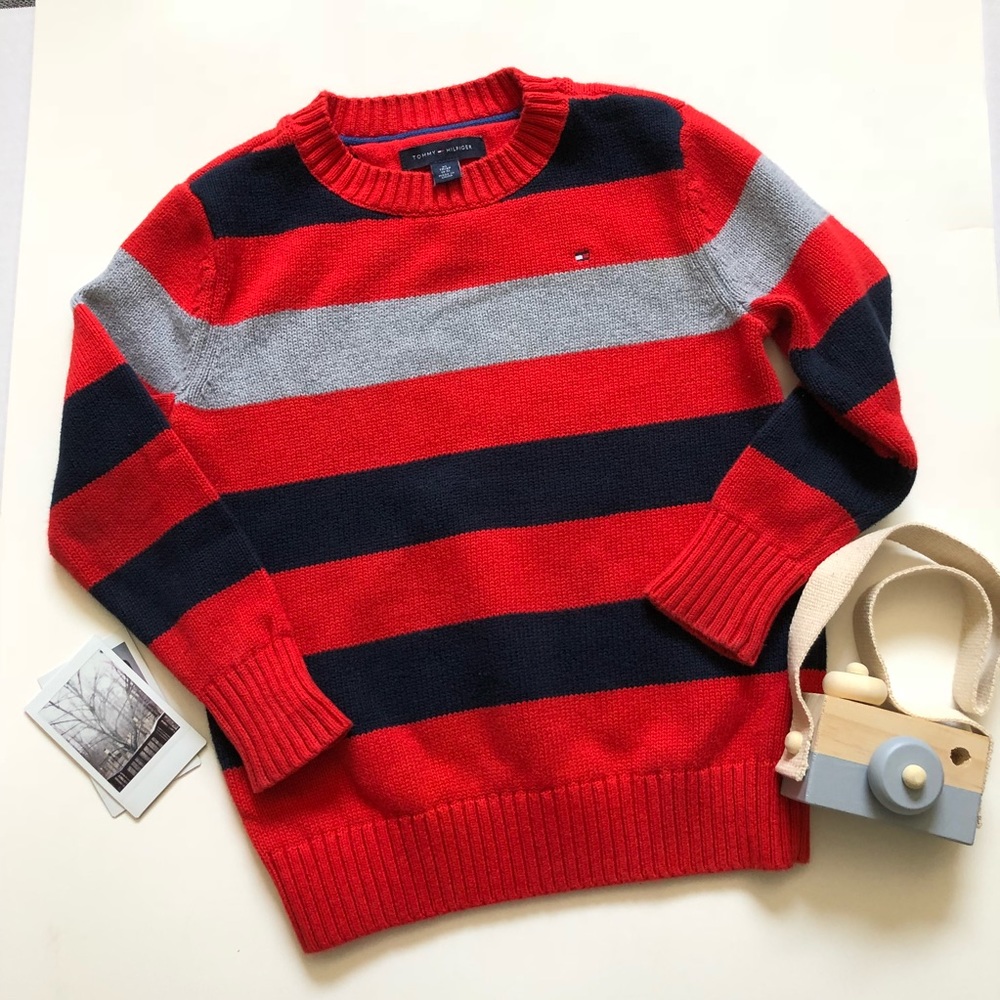 Tommy Hilfiger Sweater Knit Striped Red Blue Grey